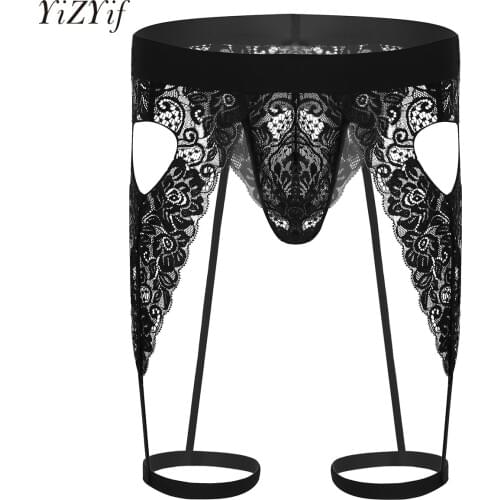 YiZYiF Black Mens Lingerie See Through Floral Lace Open Butt Sissy Bulge Pouch G-string Thong Bikini Underwear with Leg Garter