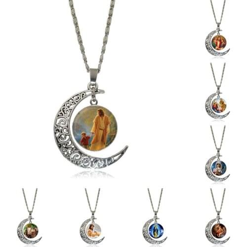 EJ Glaze Jesus Cross For Girls Gift Jewelry With Silver Plated Glass Cabochon Crescent Moon Choker Long Pendant Necklace
