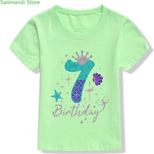 Crown 7th Birthday Gift Graphic Print Tshirt Girls Mermaid Glitter Kids Clothes Funny T Shirt Children Clothing Streetwear