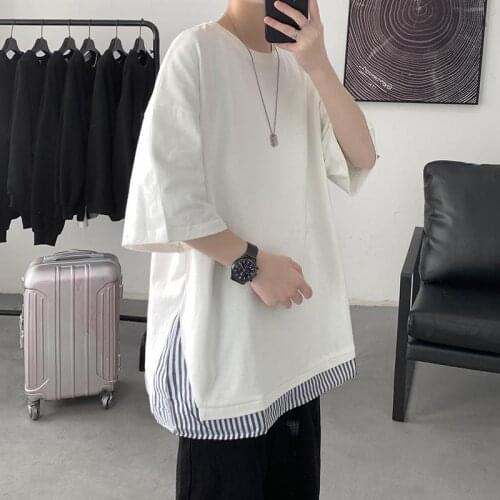 Fake Two Pieces Summer Mens T Shirt Oversized Short Sleeve O Neck Korean Fashion Harajuku Streetwear Vintage Cotton Clothing