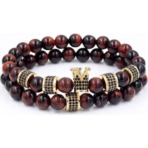 HOT Europe And the United States Exaggerated Natural Red Tigers Eye Bracelets Micro Pave Black Crystal Crown Set Bracelet