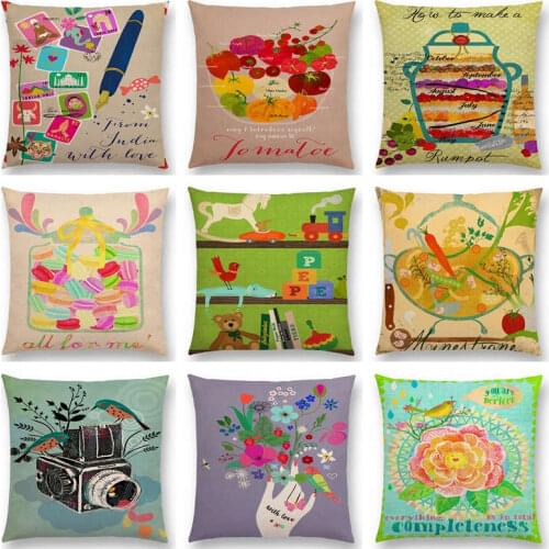 Hot Sale Colorful Life Trivia Flowers Minestrone Vintage Camera Pickles Kitchen Shelf Vegetable Fruit Cushion Sofa Throw Pillow