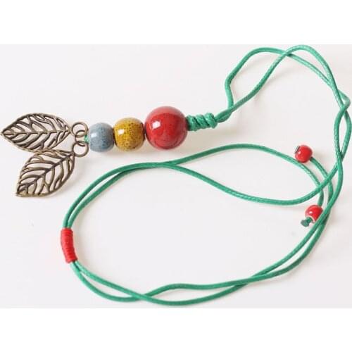 Ceramic Necklace Women Men Antique Copper Color Leaves Beads Statement Charm Hollow Pendant Jewelry Long Rope Chain Necklaces