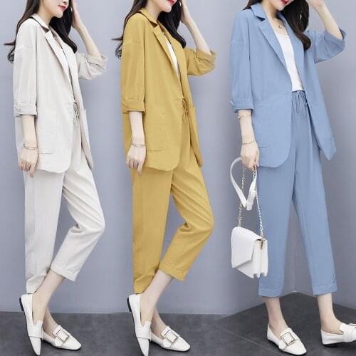 Fashion casual cotton linen suit suits 2021 new spring plus size 4XL womens pure color thin nine-point pants 2-piece set trend