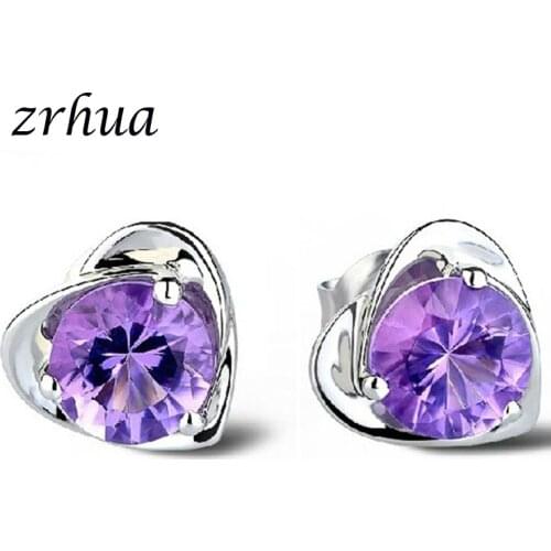 ZRHUA Fashion Romantic Silver Color Earring White/Purple Crystal Heart Women Jewelry for Engagement Hot Christmas Gifts