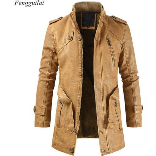 Men Winter Thick Fleece Leather Jacket Coat Long Outwear Fashion Warm Casual Vintage Clothing for Male Steampunk Biker Jacket