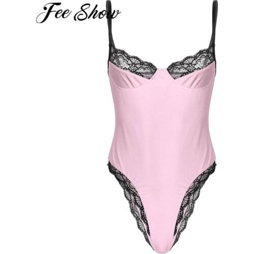 Gay Men Underwear Lace Trim Bodycon Bodysuit Overalls Sissy Catsuit Sleeveless Unlined Wireless Bra Leotard Lingerie Nightwear