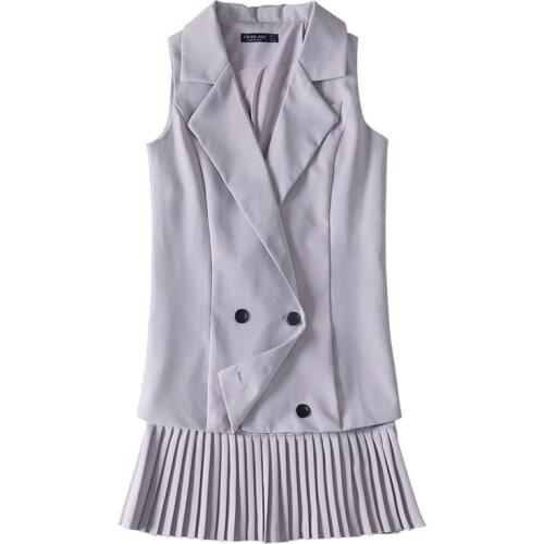 PERHAPS U Office Lady Gray Two Pieces Suit Notched Tank Button Mini Pleat Ruched Short Dress Sleeveless Strap Elegant D0350