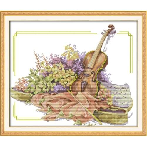 Joy Sunday The Violin and Flowers Counted Cross Stitch 11&14CT DIY Cross Stitch Kits Needlework for Home Decor Handmade Gift