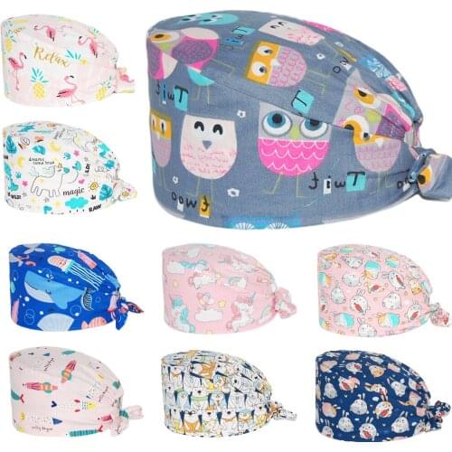 New Doctor Scrub Cap Cotton Adjustable Pet Health Nursing Hat Nurse Uniform Accessories Anime Printing Pet Working Surgery Caps