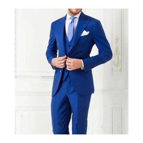 Fashion Royal Blue Groom Tuxedos Wedding suits for men Groom sman Suit (Jacket+Pants+Vest) Plus Size Suit 3 Pieces Formal Suits