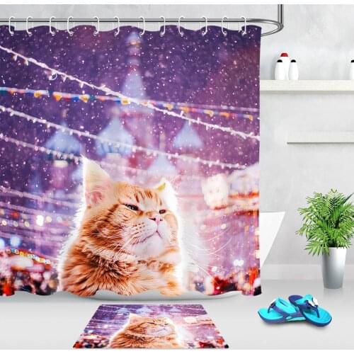 Modern Animal Cute Cat Shower Curtain For Bathroom Waterproof Polyester Bath Shower Curtain Doormat Fabric Curtains for Shower