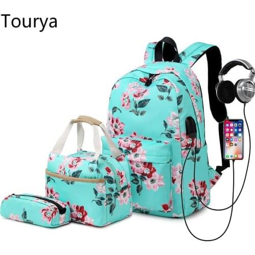 Tourya 3pcs/Set Fashion Backpacks for Women Girls USB Charge School Laptop Bagpack Travel Bookbags Food Lunch Bags Rucksack