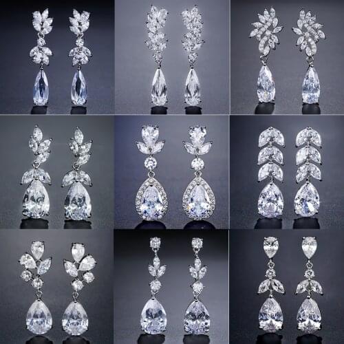 ZAKOL White Color Austrian Flower Shape Zircon Water Drop Crystal Pendant Dangle Earrings for Bridal Wedding Jewelry FSEP050