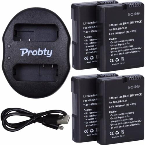 PROBTY 4Pcs EN-EL14 ENEL14 EN EL14 + USB Dual Charger For Nikon D3100 D3200 D5100 D5200 DF P7000 P7100 P7200 P7700 P7800 Camera