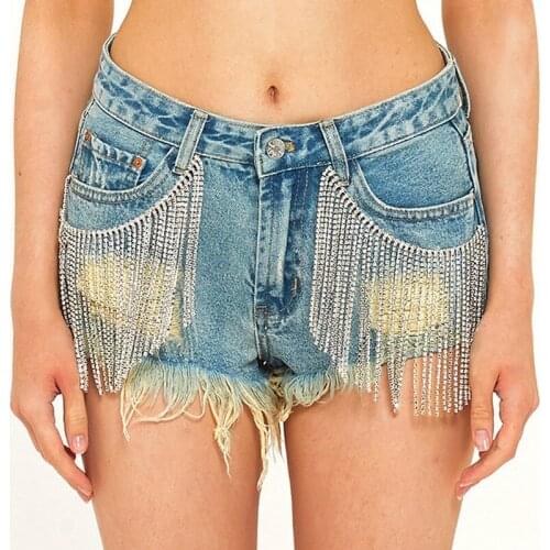 Women Sexy Denim Shorts Tassel Ripped Jeans Rhinestone Embellished Diamond Short Trouser Nightclub Outfit Matching Plus Size