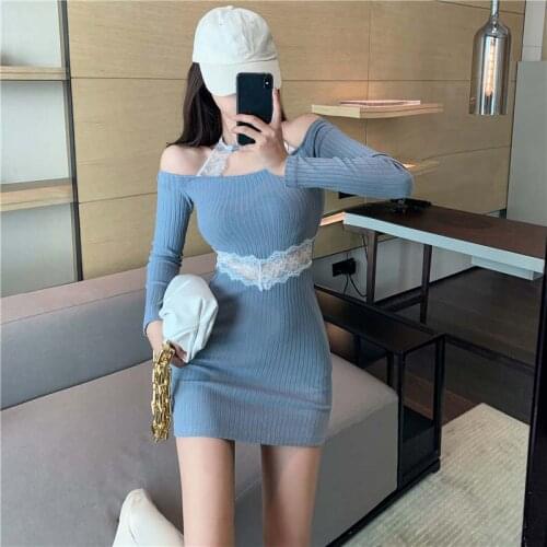 Lace Dress Sexy Tight Skirt Hight Waist Sexy Low Cut Long Sleeve Short Dress Female Fashion Spring Autumn Knit Skirt Lace Halter