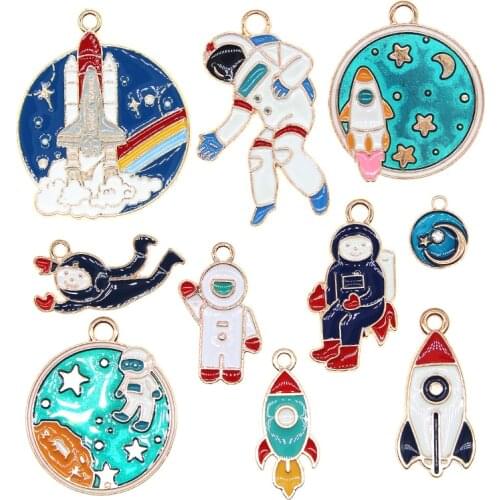 10pcs/lot Enamel Universe Astronaut Rocket Planet Mercury Charms for DIY Earring Girl Jewelry Handmade Findings 2021 new XL1016