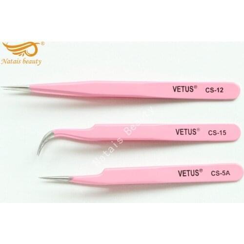 10pcs/lot VETUS stainless steel precision tip pink tweezers patch nail grafting eyelash beauty tools