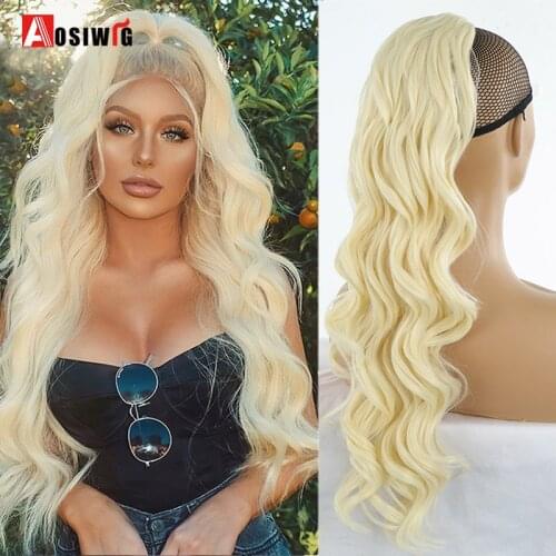 AOSIWIG Long Wavy Ponytail Synthetic Hair Extensions Clip In Drawstring Ponytail Hairpieces Natural Fake False Hair For Women