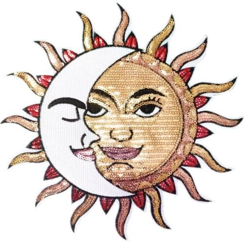 Large Patches Iron on Sun Moon Face Bead Embroidery Iron on Patch Big Patches for Jackets Cartoon Iron Patches Sequin Appliques