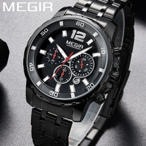 MEGIR Watch Waterproof Chronograph Military Male Clock Top Brand Luxury Black Stainless Steel Business Man Sport Wristwatch 2068