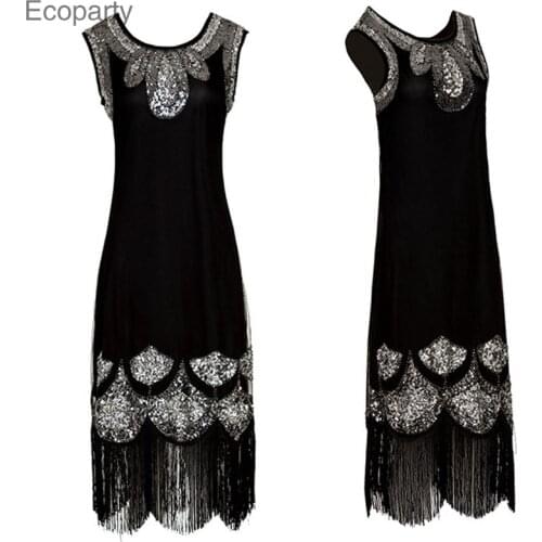 Black cocktail Flapper Downton Gatsby Charleston Chiffon Sequin dress Robes Kleider der Mutter Vestidos