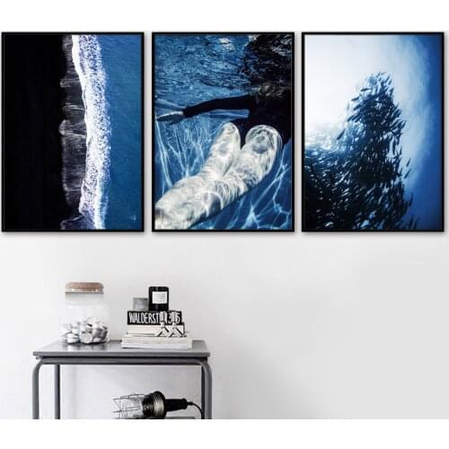 Diving Woman Fish Aerial View Ocean Canvas Painting Nordic Seascape Posters and Prints Wall Art Pictures for Living Room Decor