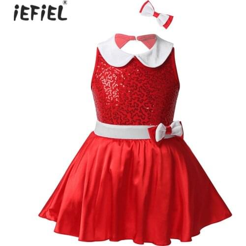 Kids Girls Shiny Sequined Christmas Dancewear Costume Dress Outfit Sleeveless Bowknot Tutu Leotard Dress with Hair Clip Set