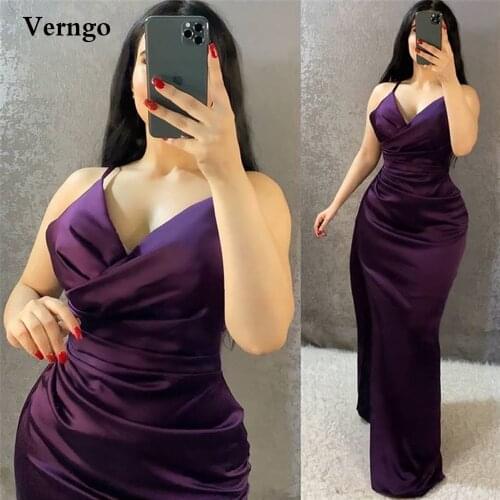 Verngo Grape Purple Silk Satin Long Evening Dress Women Halter Pleats Zipper Back Prom Gown Plus Size Simple Party Dresses