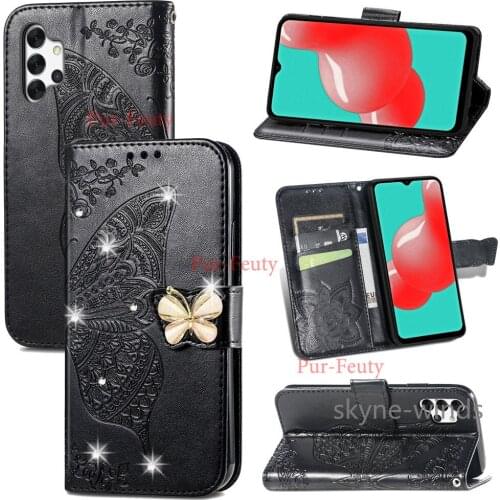 For Samsung Galaxy A32 4G jewlled Flower Butterfly embossing leather magnetic case flip wallet and stand cover for SM A 32 coque