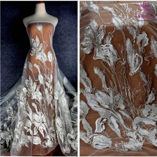 La Belleza off white silver thread mixed with sequins on mesh embroidery large leaves wedding dress lace fabric 1 yard