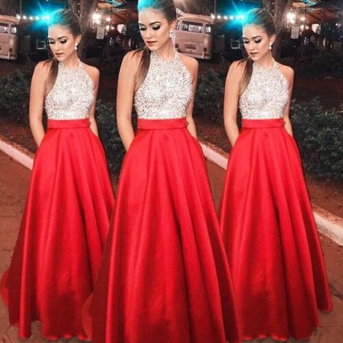 Fashion Long Elegant Sequin Patchwork Sleeveless Halter Neck Formal Party Ball Gown Prom Bridesmaid Long Dress