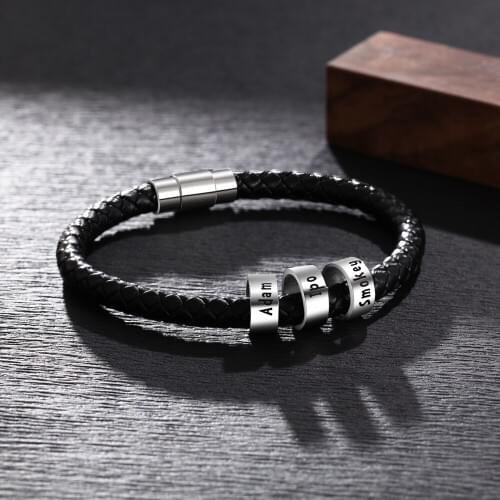 Personalized Mens Leather Bracelet with Custom Beads Braid Black Name Charm Bracelet with Family Names Armband pulsera hombre