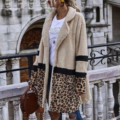 2021 New Autumn Winter Warm Long Coats Women Open Stitch Flocking Plush Jacket Female Casual Leopard Patchwork Jacket Outwear