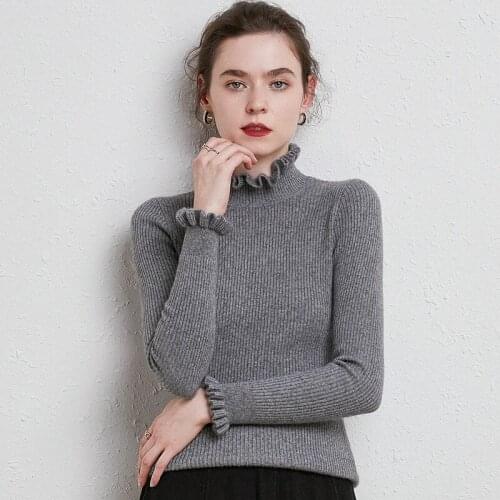 2021 Autumn And Winter New Half Turtleneck Sweater Womens Ruffled Knit Sweater Wood Ear Collar Slim Slimming Inner Base Shirt