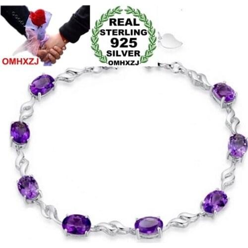 OMHXZJ Wholesale Fashion present High Quality Geometric Amethyst 925 Sterling Silver purple Gift Women Bracelets Bangles SZ32