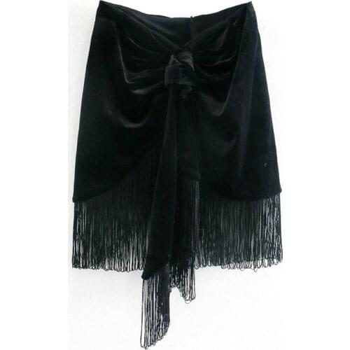 Evfer Autumn Chic Ladies Black Za Tassel Mini Skirts Women Fashion High Waist Bow Knotted Short Skirt Girls Casual Velvet Skirts