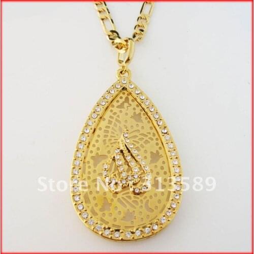 YELLOW GOLD GP OVERLAY 32" FIGARO CHAIN NECKLACE&BIG WATER DROP MUSLIM ALLAH PENDANT/Great Gift/Great Money Maker