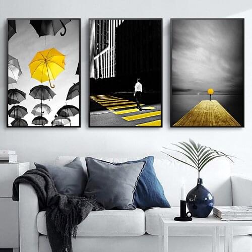 Golden Umbrella City Scenery Bridge By The Sea Poster Wall Art Nordic Style Canvas Painting and Prints for Bedroom Home Decor