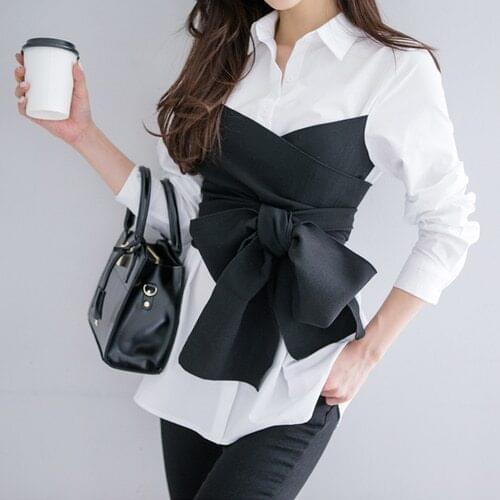 2019 Summer Korean Fashion Tie Shirt Blouse Female Black Bow Long Sleeve White Shirt OL Lady Office Shirt Plus Size Women Tops