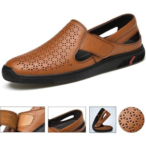 Genuine Leather Breathable Mens Shoes Men Sneakers Walking Driving Work Footwear Male Hollow Out Office Business Dress Loafers