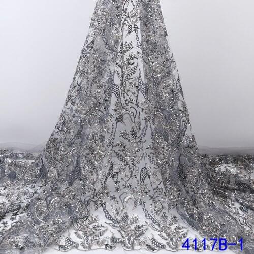 XIYA High Grade Emerald Grey Beaded African Sequins Net Lace Fabric Fully Embroidered French Lace For Party Dress 4117B