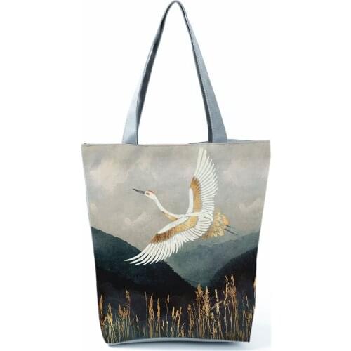 Japanese Ukiyoe Design Casual Handbags Crane Printed Shoulder Bag Landscape Womens Bag High Capacity Shopping Bag Portable Tote