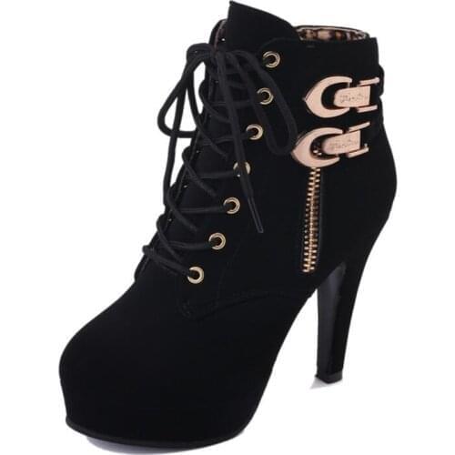 Heel 11.5 cm New Autumn Winter Women Boots High Quality Solid Lace-up European Ladies shoes PU Leather Fashion Boots Zip 35-43