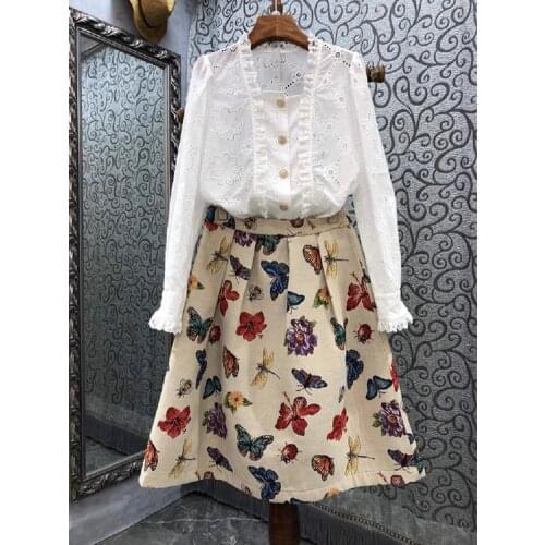 Top Quality Designer Clothing Sets 2021 Autumn Skirt Suits Women Hollow Out Embroidery Long Sleeve Shirt+Vintage Print Skirt Set
