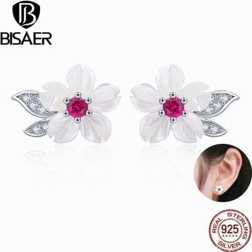 BISAER 925 Sterling Silver Blooming Shell Flower Stud Earrings Orchid Flower Small Women Earrings Sterling Silver Jewelry EFE055
