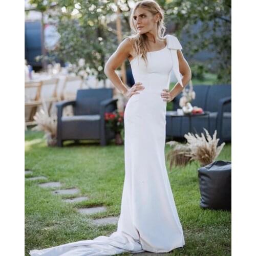 Wedding Dress Mermaid One Shoulder Sleeveless Big Bow Backless Satin Floor Length Sweep Train Simple Bride Gown Custom Made