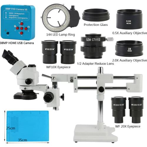 38MP 2K HDMI USB Video Camera 3.5X-90X Simul Focal Digital Trinocular Stereo Microscope Double Boom Stand 144 LED Light