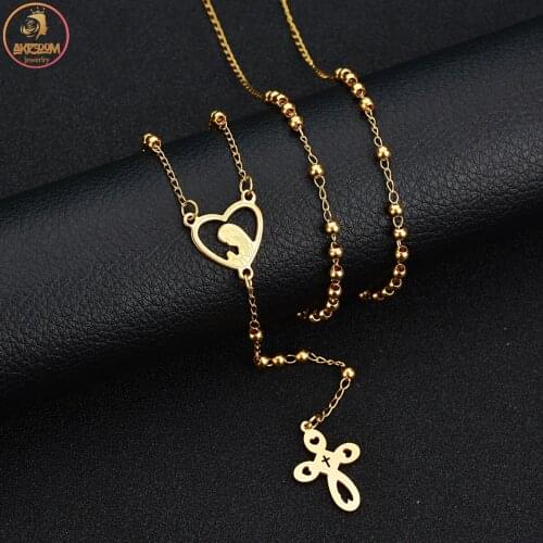 Akizoom Stainless Steel Blessed Virgin Mary Cross Heart Necklaces Amulet Pendant Bead Chain for Women Jewelry Gift Wholesale